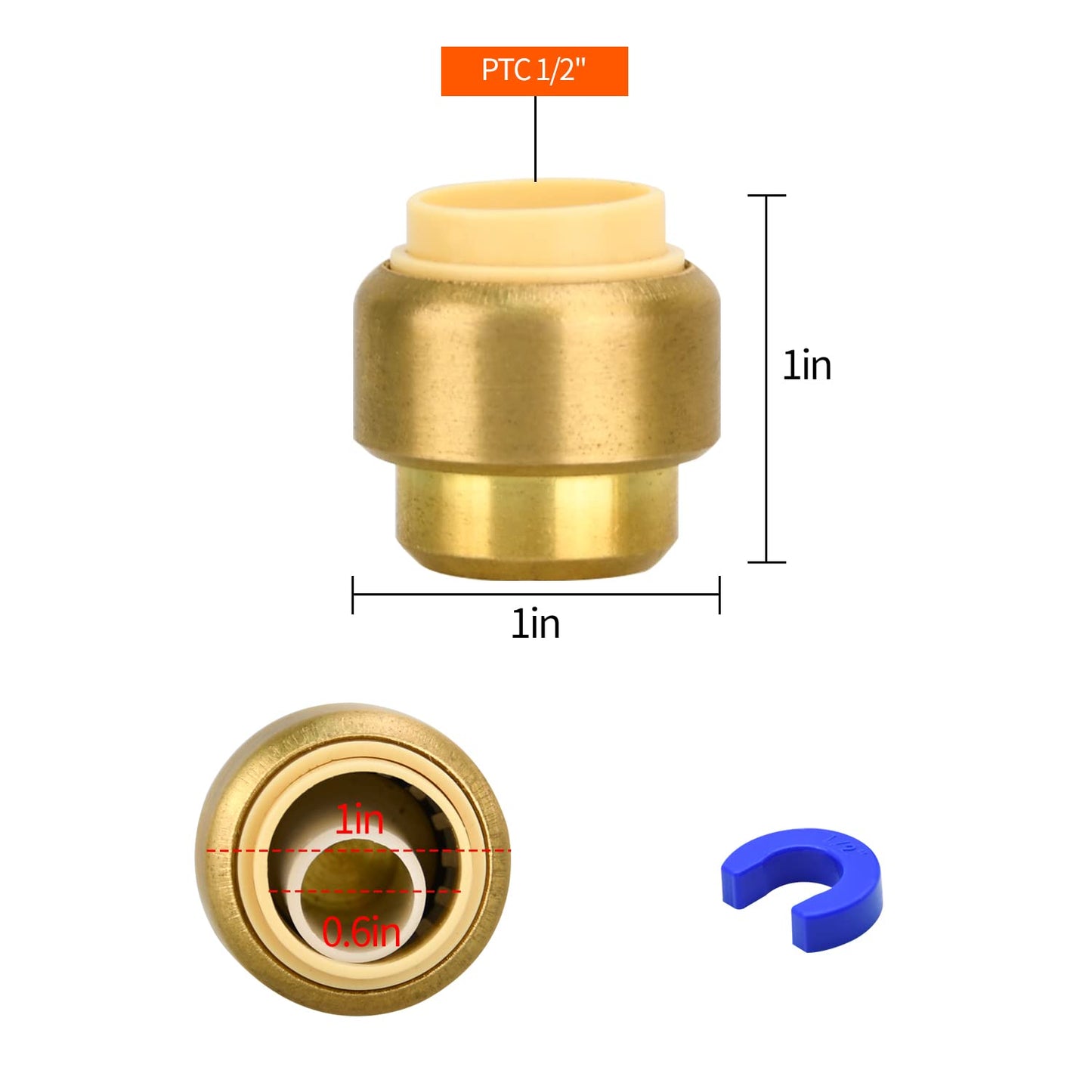 6 Pack Push-to-Connect Plumbing Fittings, 1/2" Pushfit End Cap Fittings with Disconnect Clip for Copper, PEX, CPVC Pipe