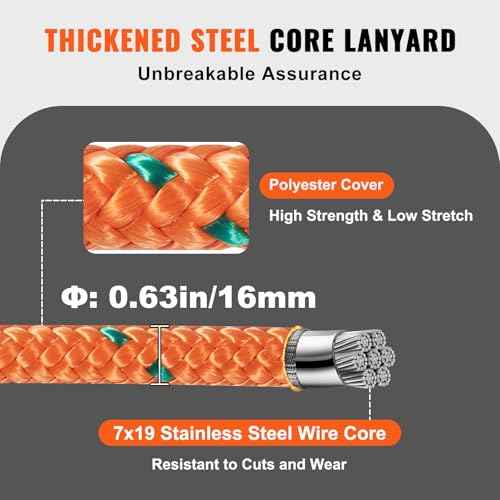 VEVOR 16mm Steel Core Flipline, 12ft(3.6m) Arborist Flipline, Flip Line for Tree Climbing with Alloy Steel Snap Hook & Aluminum Alloy Carabiner, 30KN Breaking Tension for Fall Protection, Tree Climber
