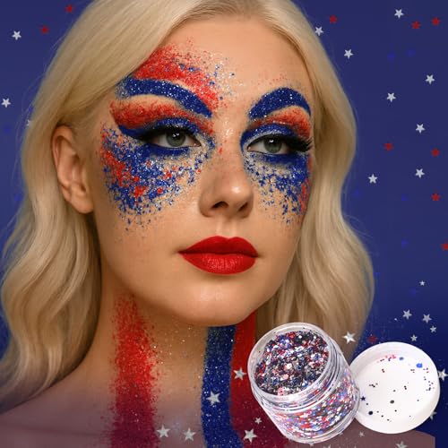 Red White Blue USA Flag Face Body Glitter, Pride Glitter Gel for Hair Nail Art, Holographic Chunky Sequins for Independenc...