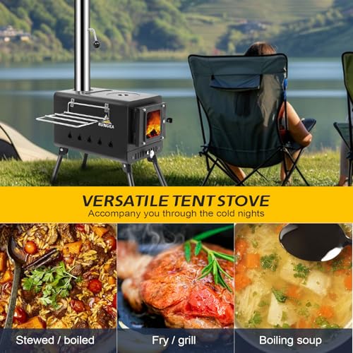 KUNGKA Black Wood Burning Tent Stove, 7 Section Stainless Steel Chimney, Portable Hot Tent Stove for Camping, Hunting, Ice...