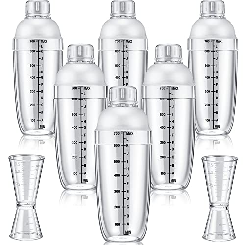 8 Pcs Plastic Cocktail Shaker Set 6 Pcs 24 oz Drink Shaker 2 Pcs Double Measuring Jigger Clear Plastic Bottle Tea Drink Mi...