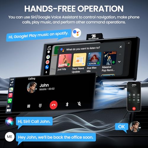 TECXERLLON 10.26'' Wireless Carplay Screen for Car with 4K Dash Cam & 1080P Backup Camera, Portable Car Audio Receivers wi...