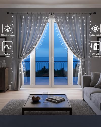 Curtain Lights for Bedroom 300 LED Fairy String Lights with Remote, 8 Modes Timer, USB Plug in Waterproof Twinkle Lights f...