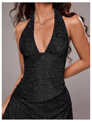 BEAUDRM Women's Glitter Halter Mini Dress Y2K Tie Backless Sleeveless Fitted Party Dresses Night Out Clothes