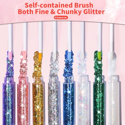 FANDAMEI Body Glitter Kit - 8 Colors 8 ml/Jar for Glitter Makeup, Face Hair Glitter for Kids&Women, Halloween Mermaid Rav...
