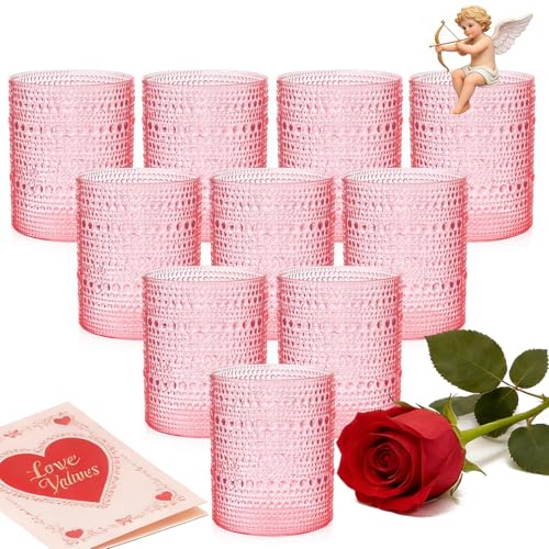 YOUBET 24PCS Plastic Drinking Glasses - 14OZ Pink Hobnail Drinkware Glasses - Vintage Glassware Textured Beaded Cups for W...