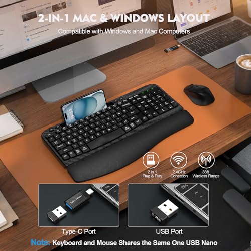 Wireless Keyboard and Mouse Combo, Wave Keys Full-Sized Ergonomic Keyboard with Cushioned Plam Rest, Phone Holder, Comfort...