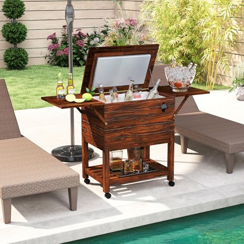 Tangkula Rolling Wooden Patio Cooler Cart, 54 Quart Outdoor Ice Chest Cooler Cart with 2 Drop Leaf Tables, Bottle Opener &...