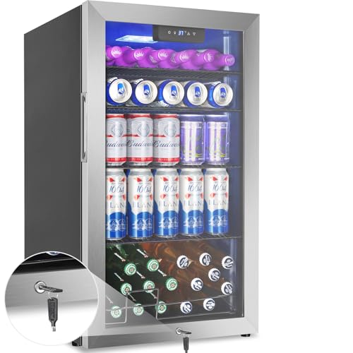 128 Cans Beverage Refrigerator Cooler, 3.2 Cu.Ft Mini Drink Fridge Glass Door for Drink Beer Soda Wine, Beer Fridge with 4...