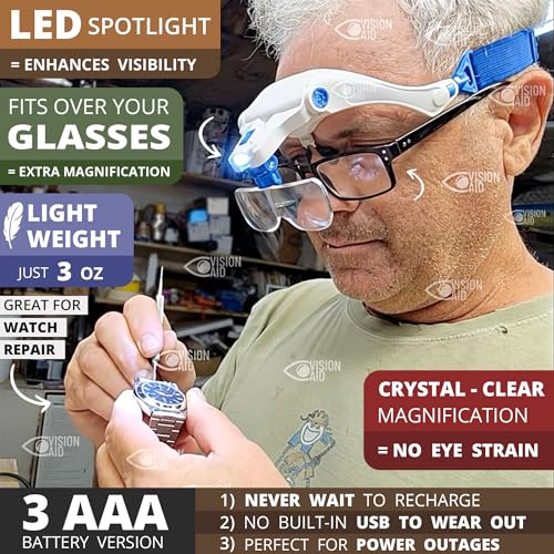 Vision Aid Magnifying Glasses with LED Light 5 Lenses Headband Case Hands Free Illuminated Optivisor Head Magnifier for Ho...