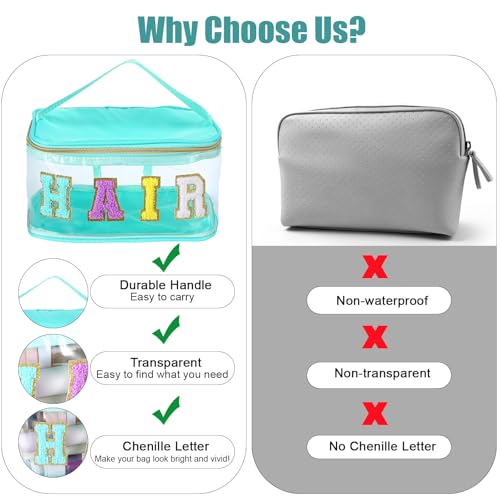 Chenille Letter Clear Makeup Bags Hair Pouch Preppy Patch Makeup Bag Zipper with Handle Transparent PVC Waterproof Glitter...