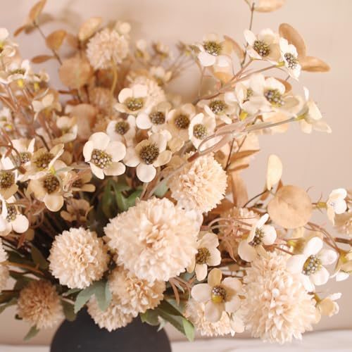 Beige Silk Flower Arrangements Home Decor, Large Floral Centerpieces For Tables, 22 Long Stems Fake Mums + Eucalyptus + Wi...