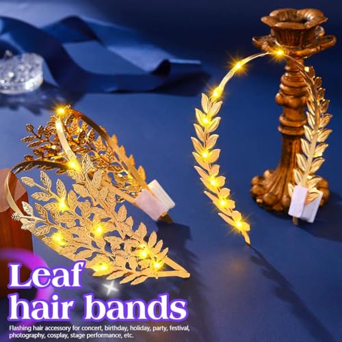 JEAIRTS Light Up Leaf Headband Gold Led Greek Goddess Hair Accessories for Women (A-1, Free Size)