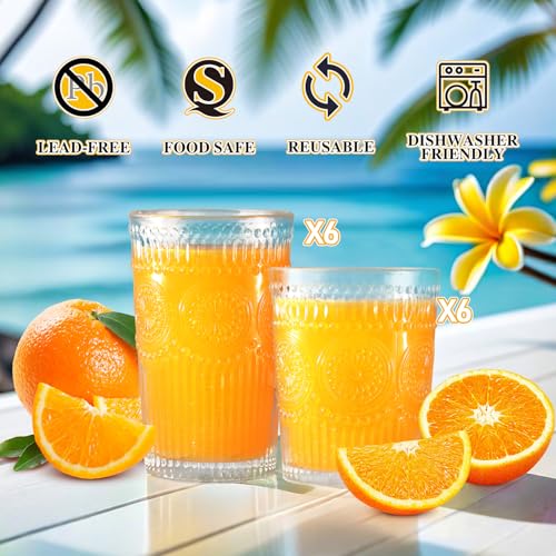 Loivttvv 12pcs Vintage Drinking Glasses Set, 12 oz Highball Glasses & 9 oz Embossed Ribbed Glassware Cups for Cocktail, Wa...