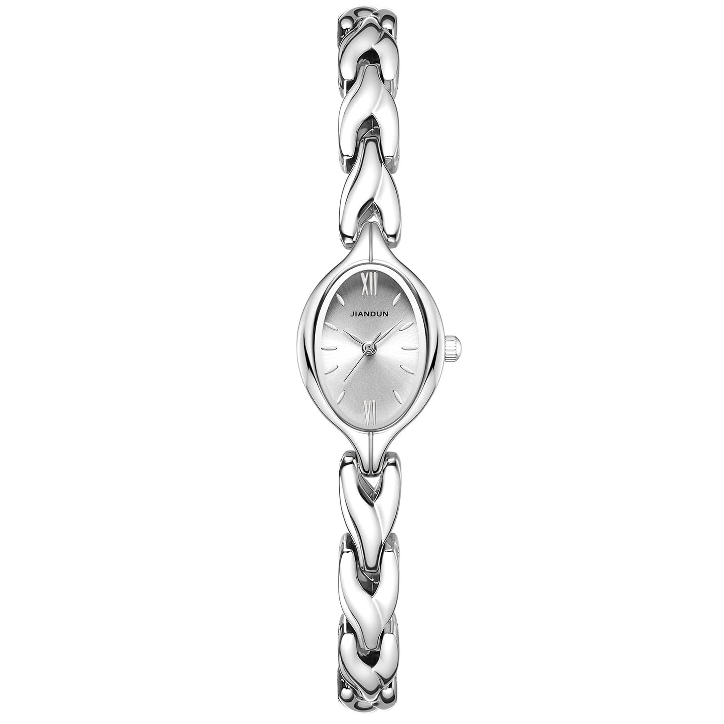 JIANDUN Vintage Women's Oval Bracelet Watch, Waterproof Stainless Steel Band with Adjustment Tool, Retro Ladies Quartz Wristwatch, Perfect for Daily Wear and Special Occasions (All Silver)