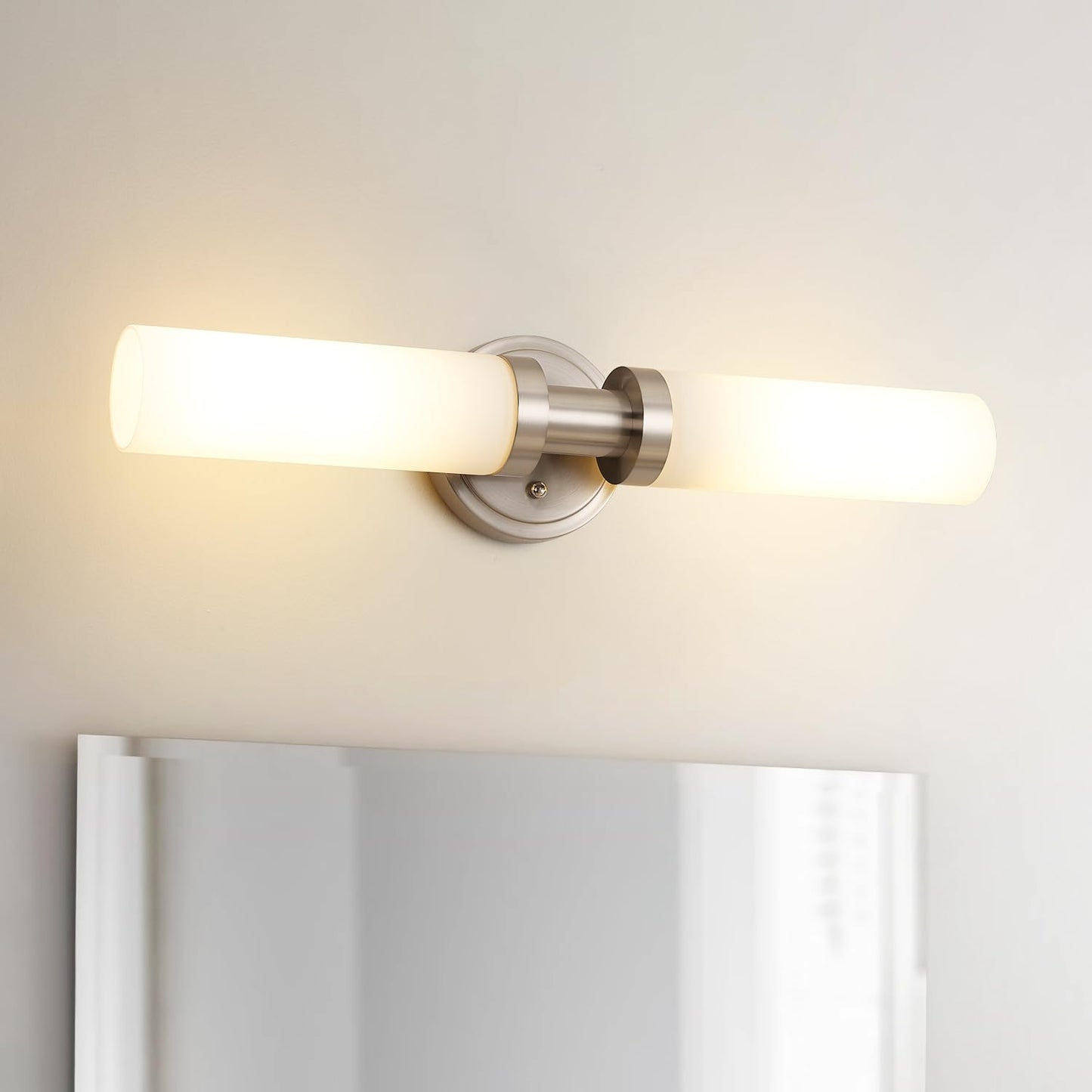 SANTOSTOCK Brushed Nickel Bathroom Light Fixtures, 2-Light Vanity Lights W/White Glass Shade, Modern Sconces Wall Lighting for Mirror Kitchen Bedroom Hallway Living Room, E26 T10 Bulbs(Excluded)