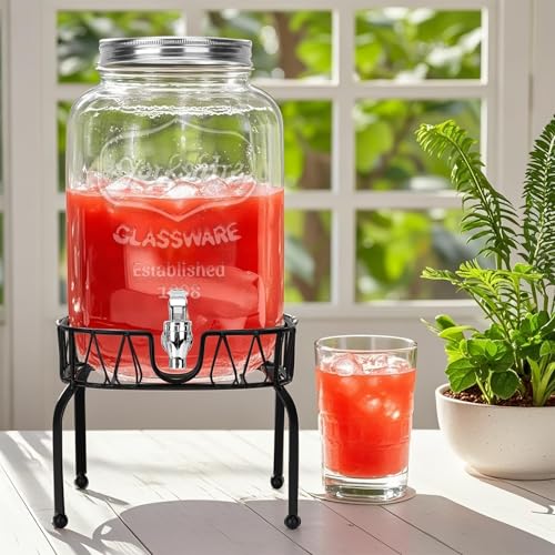 DHSBTLS 2 Gallon Glass Drink Dispensers, 1 Pack Clear Beverage Dispenser for Party, BBQ and Picnic, Juice Dispenser with I...
