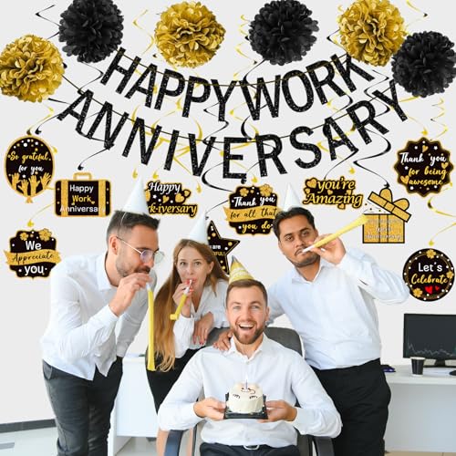 Tintisfafa Happy Work Anniversary Decorations Black Gold, Happy Anniversary Banner for Employee, Work Anniversary Workiver...