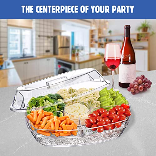 LIMOEASY Chilled Veggie Tray, 15 Inch Clear Party Platter with 4 Compartments, Ice Serving Bowl with Lid, Cold Food Buffet...