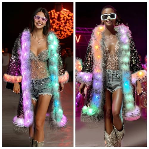 LED Light up Sequin Coat for Women Flash Sparkly Jacket Rave Costume Music Festival Outfits Parties Halloween Holiday