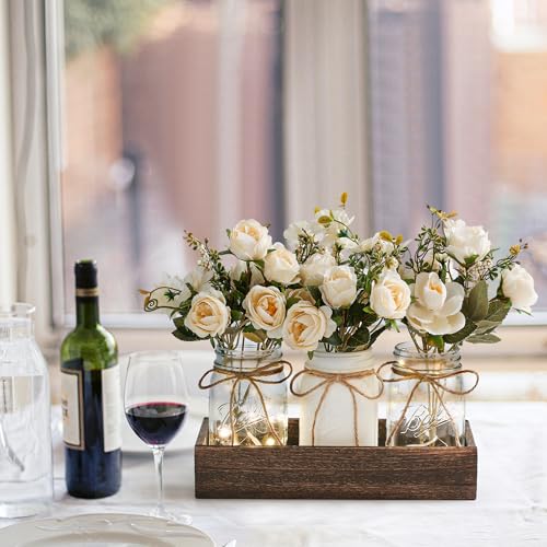 DUOER 3 Pcs Mason Jar Centerpiece Table Decorations for Dining Table Decor Farmhouse Coffee Table Decor with Wood Tray and...