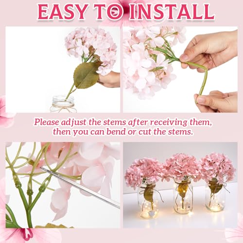 Juinte 4 Sets Mason Jar with Lights Pink Hydrangea Decorative Pink Centerpieces for Tables Mason Jars Flowers Decorations ...