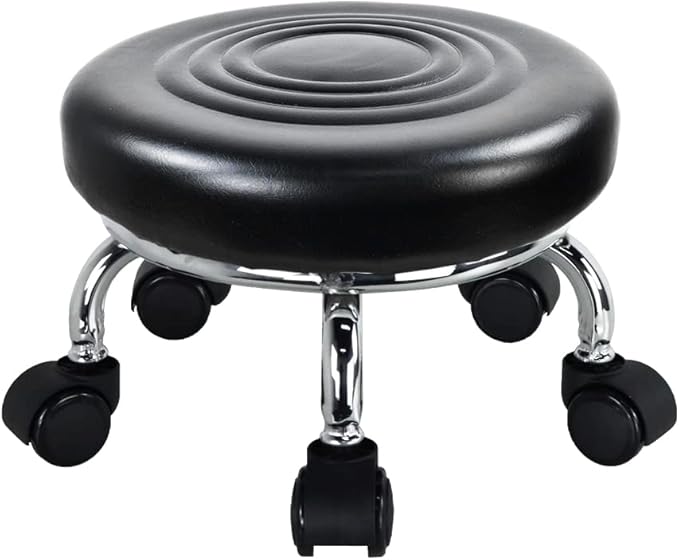 WKWKER Modern Roller Seat PU Leather Foot Stool Low Round Rolling Stool 360° Step Stool Swivel Small Seat with Universal Wheels for Home Office Garage Shop Fitness Sport H：8.4" （Black）