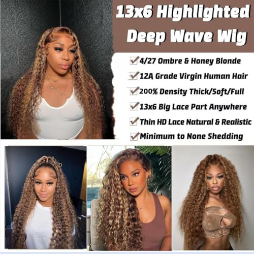 Honey Blonde Deep Wave Wigs Human Hair Highlight Ombre Lace Front Wigs Human Hair 4/27 Curly Wig for Black Women 200% Density 13x6 Wet and Wavy Human Hair Wig
