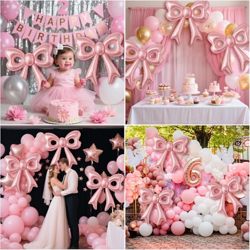 Pink Happy Birthday Balloons, 31”Huge Pink Bow Aluminum Foil Balloons for Girl Woman Birthday, Princess, Coquette Party De...