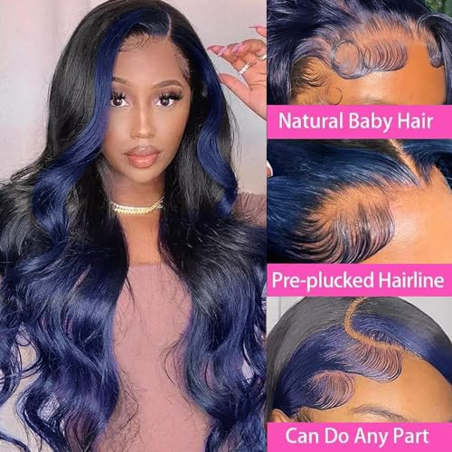 YMS Ombre Blue Lace Front Wigs Human Hair 180% Density Highlight Royal Blue Glueless Wig Pre Plucked with Baby Hair 14 Inch Body Wave Skunk Stripe Real Hair Lace Frontal Wigs for Women