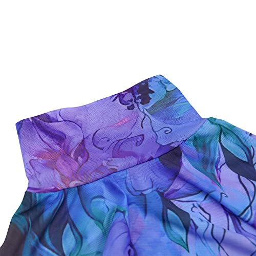 Women’s Floral Tie Dye Sheer Mesh Mini Dress Sexy Mock Neck Split Bodycon Flared Long Sleeve Beach Party Dress