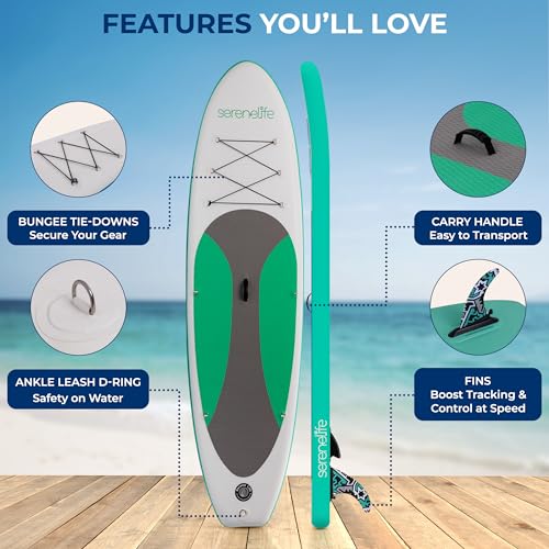 SereneLife Stand Up Inflatable Paddle Board with Premium SUP Accessories – Wide Stable Design with Non-Slip EVA Deck Pad f...