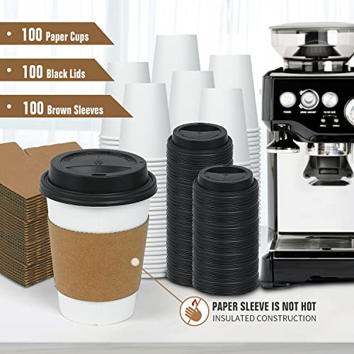Ginkgo 100 Pack 12 oz Disposable Thickened Paper Coffee Cups with Lids and Sleeves, To Go Hot Coffee Cups, Hot Chocolate, ...