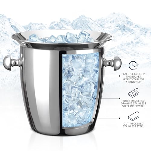 Ice Bucket, Large Ice Bucket for Parties, 5L Portable Stainless Steel Wine Buckets with Handle for Champagne, Beer, Cockta...
