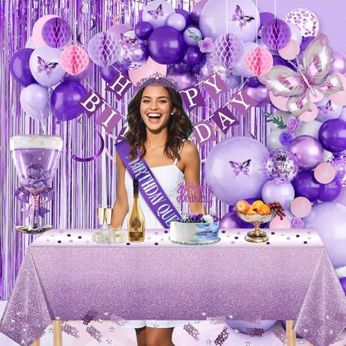 Purple Birthday Decorations, Purple Pink Party Decorations with Happy Birthday Banner, Balloons, Bday Sash, Crown, Butterf...