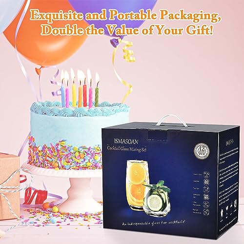 ISMASOAN Drinking Glasses Set of 12-6 Tall Glass Cups 17 oz and 6 Short Stemless Wine Glasses 10 oz,Glass Sets for Drinkin...