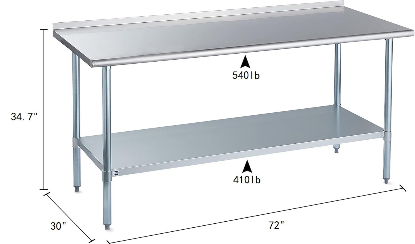 ROCKPOINT Stainless Steel Table for Prep & Work with Backsplash 30x72 Inches, NSF Metal Commercial Kitchen Heavy Duty Table with Adjustable Under Shelf and Table Foot for Restaurant, Home and Hotel
