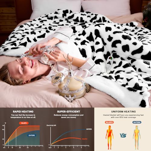 Black Heated Electric Blanket Throw,50X60 Cow Print Heating Blanket with 10 Heats Levels & 8 Hours Auto Off,Cute Cow Decor...