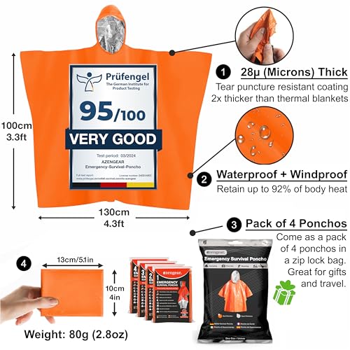 aZengear Emergency Survival Poncho (4pc) Thermal Mylar Foil Blanket for Heat Retention and Rain | Reversible with Hood | W...