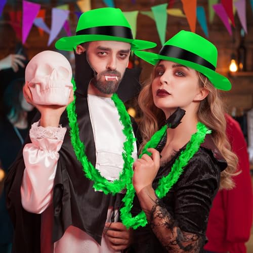 JaGely 48 Pieces Neon Party Supplies 24 Neon Gangster Hats 24 Pcs Feather Boas for Mardi Gras Carnival Glow Wedding Party