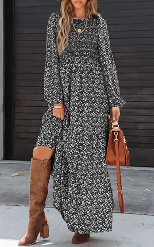 PRETTYGARDEN Women's Spring Dresses 2026 Long Sleeve Flowy Casual Floral Maxi Dress Crew Neck Smocked Tiered Long Dress