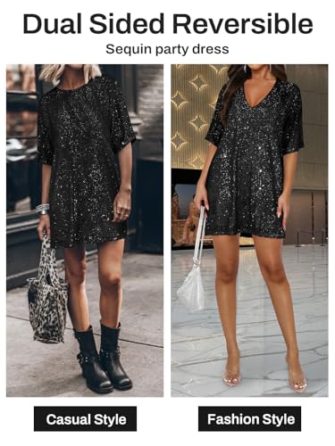 MIYIEONZ Women's Crew Neck Sequin Dress for Women Sexy V Neck Shirt Dress Sparkly Half Sleeve Loose Party Club Cocktail Dress