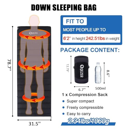 Down Sleeping Bag for Adults, Ultralight Wearable Sleeping Bag for Backpacking, Can Be Used as a Blanket or Mat