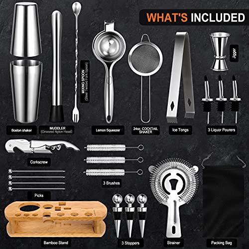 24-Piece Cocktail Shaker Bartender Kit with Stand, Boston Shaker, Mixing Spoon, Muddler, Measuring Jigger, Lemon Squeez, T...