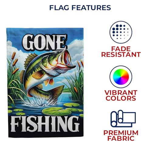 America Forever Gone Fishing Bass Garden Flag, 12.5 x 18 inch Double Sided, Lake Adventure Banner, Outdoor Fishing Decor, ...