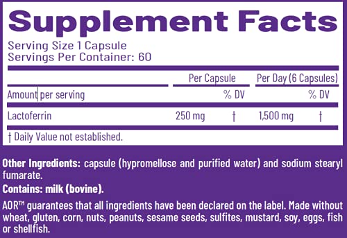 AOR, Lactoferrin - 250, Lactose Free Natural Supplement to Support Iron Absorption and Immune Modulation, 60 Servings (60 Capsules)