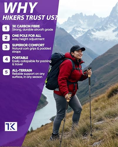 Collapsible Lightweight Trekking Poles – Walking Sticks for Seniors, Cork Grips Adjustable Carbon Fibre Nordic Poles for M...