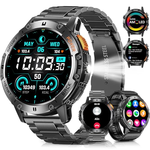 PODOEIL Military Smart Watches for Men with Bluetooth Call, 1.43" AMOLED Waterproof Smartwatch with Flashlight, 111 Sport ...