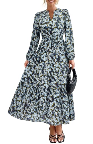 BTFBM Women Boho Maxi Dress Fall Fashion 2025 Floral Long Sleeve V Neck Button Pockets Flowy Vacation Wedding Dresses