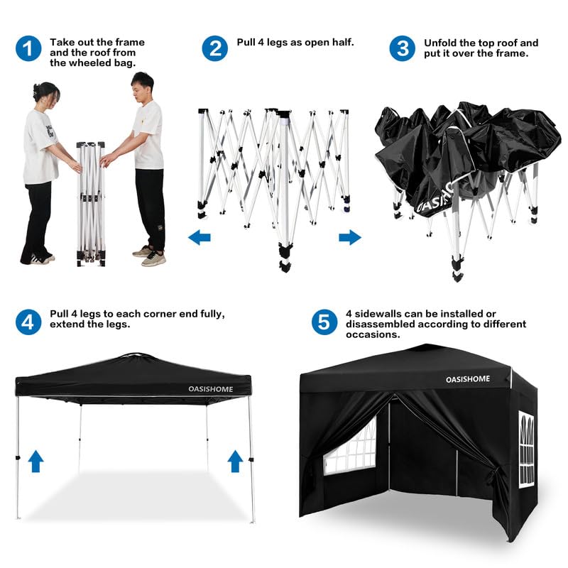OASISHOME Pop-up Gazebo Instant Portable Canopy Tent 10'x10', with 4 Sidewalls, Windows, Wheeled Bag, for Patio/Outdoor/We...